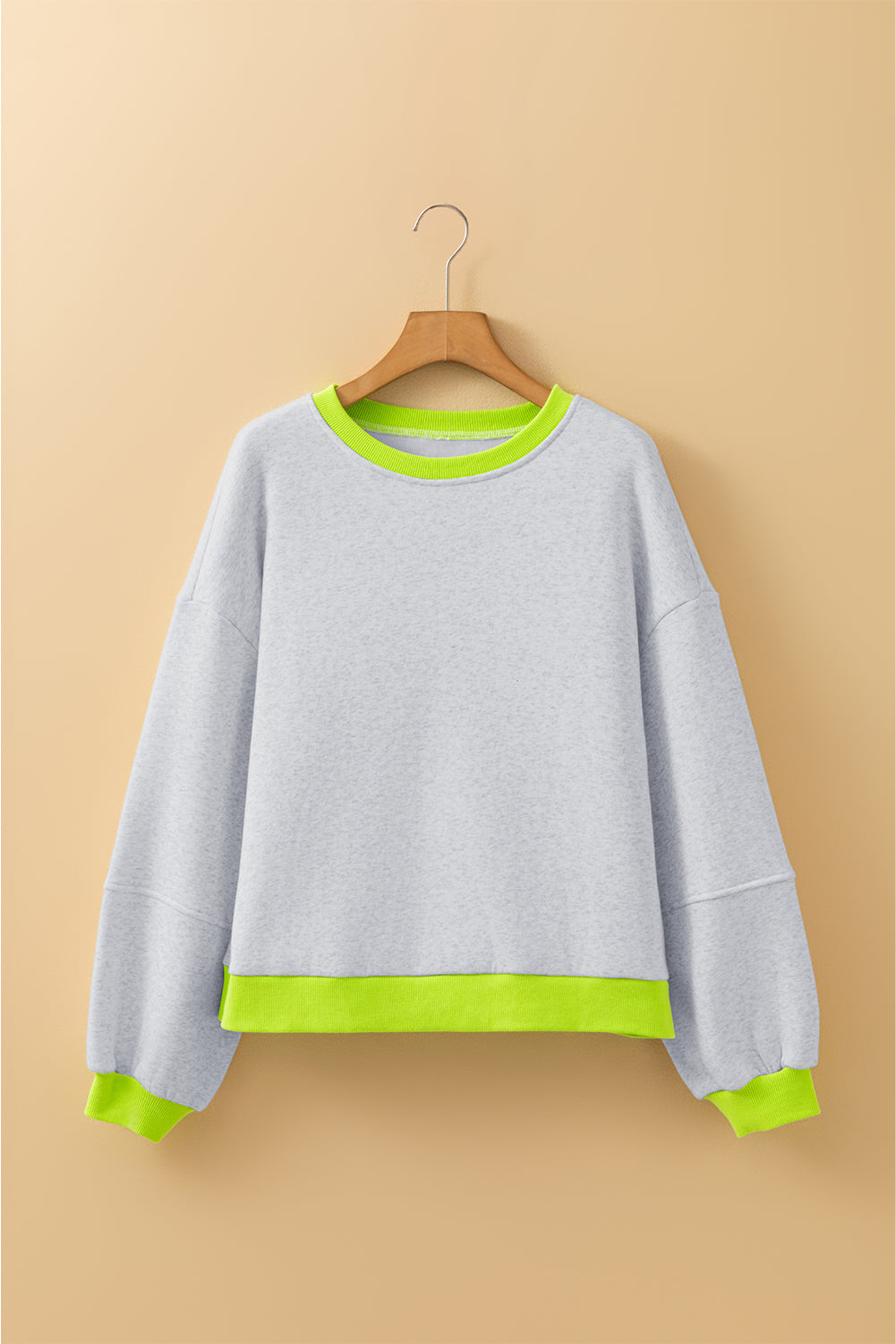 Light Grey Contrast Color Banding Patchwork Puff Sleeve Loose Sweatshirt