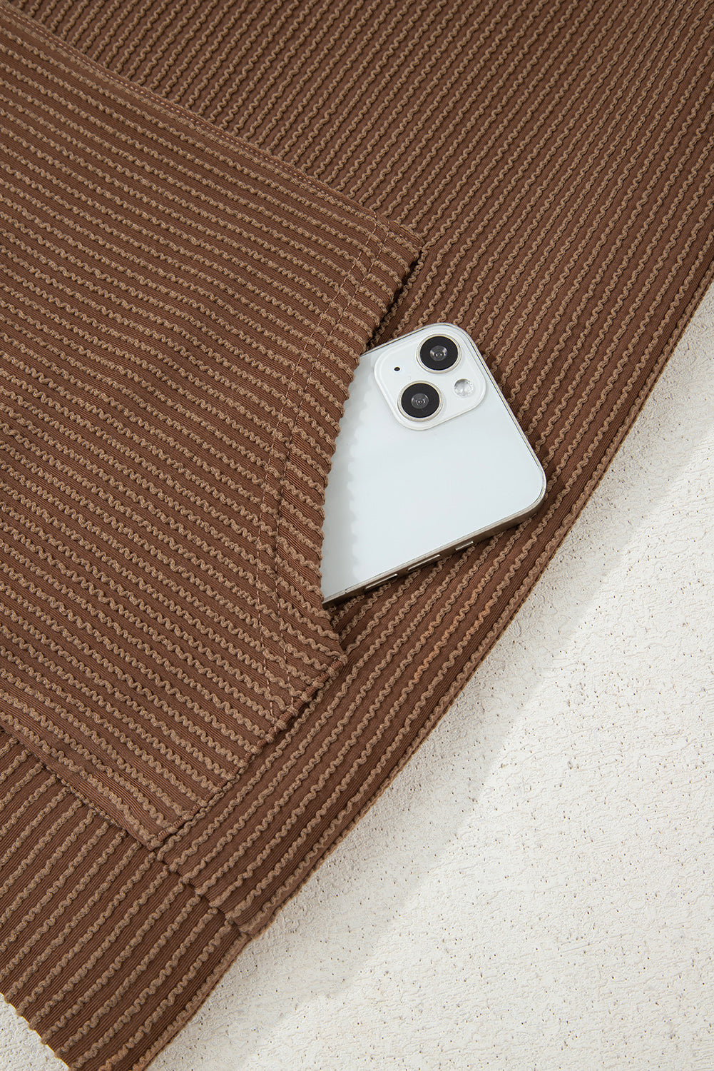 Coffee Twisted Rib Texture Solid Hoodie
