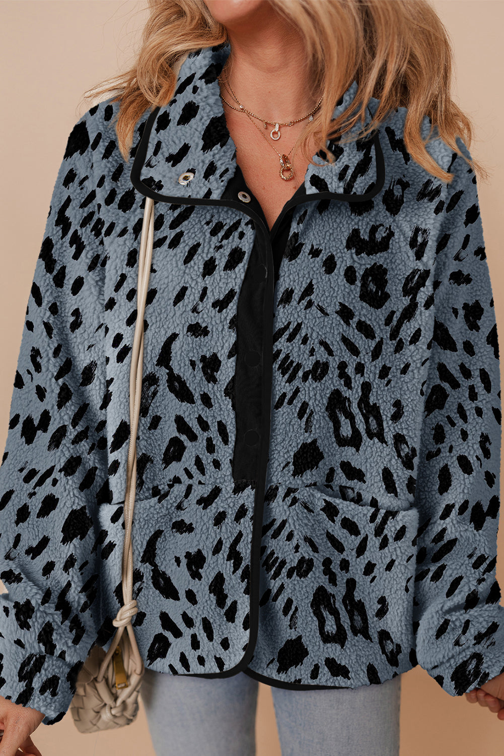 Multicolour Plaid Print Buttoned Stand Collar Fleece Jacket