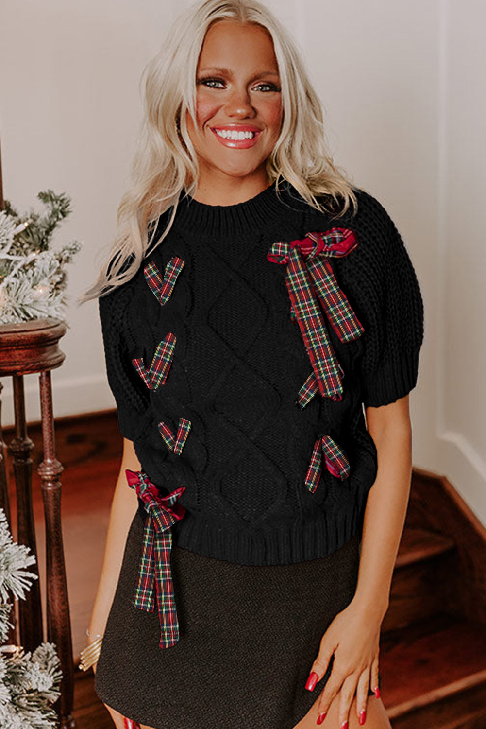 Fiery Red Plaid Lace up Detail Christmas Holiday Puff Short Sleeve Sweater