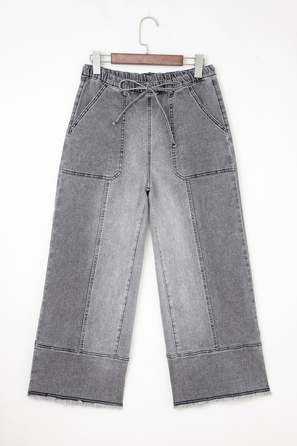 Gray Drawstring Seam Detail Raw Hem Wide Leg Denim Pants