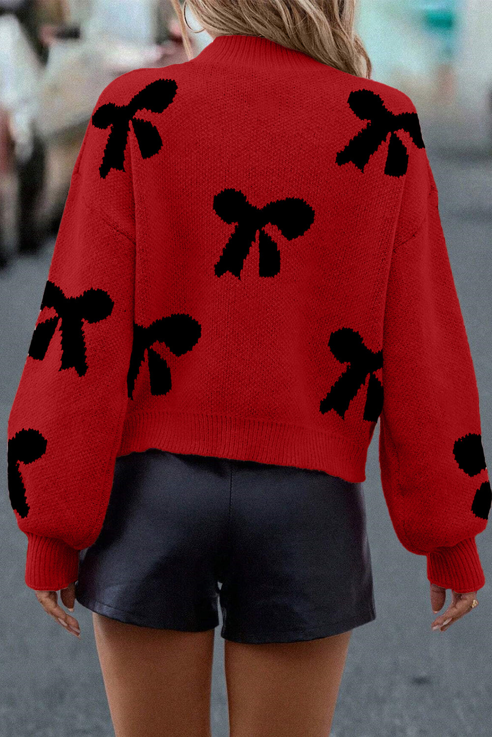 Racing Red Pearl Embellished Bow Pattern Loose Sweater
