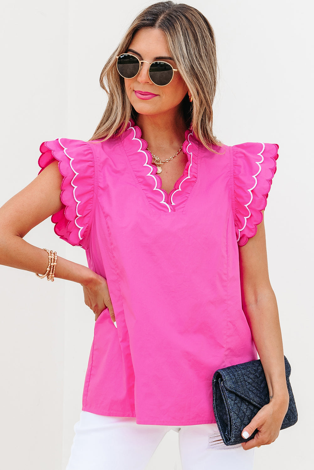 Bright Pink Contrast Scallop Trim Layered Short Sleeve V Neck Blouse