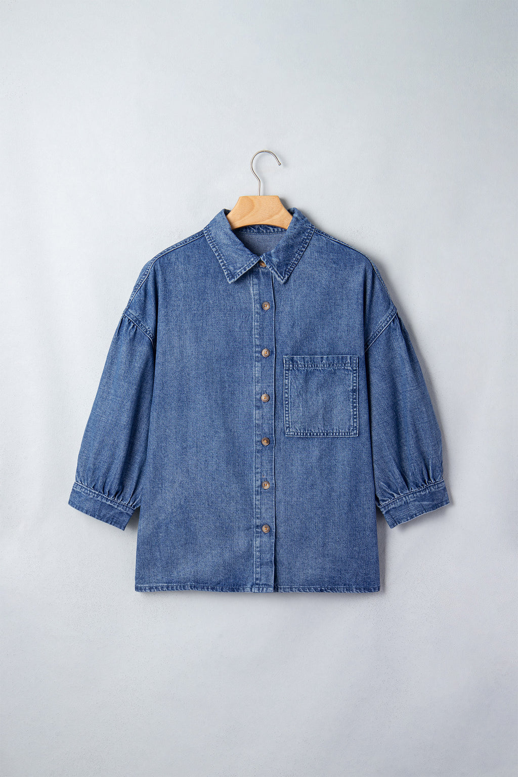 Dusk Blue Three Quarter Sleeve Button Front Loose Denim Shirt
