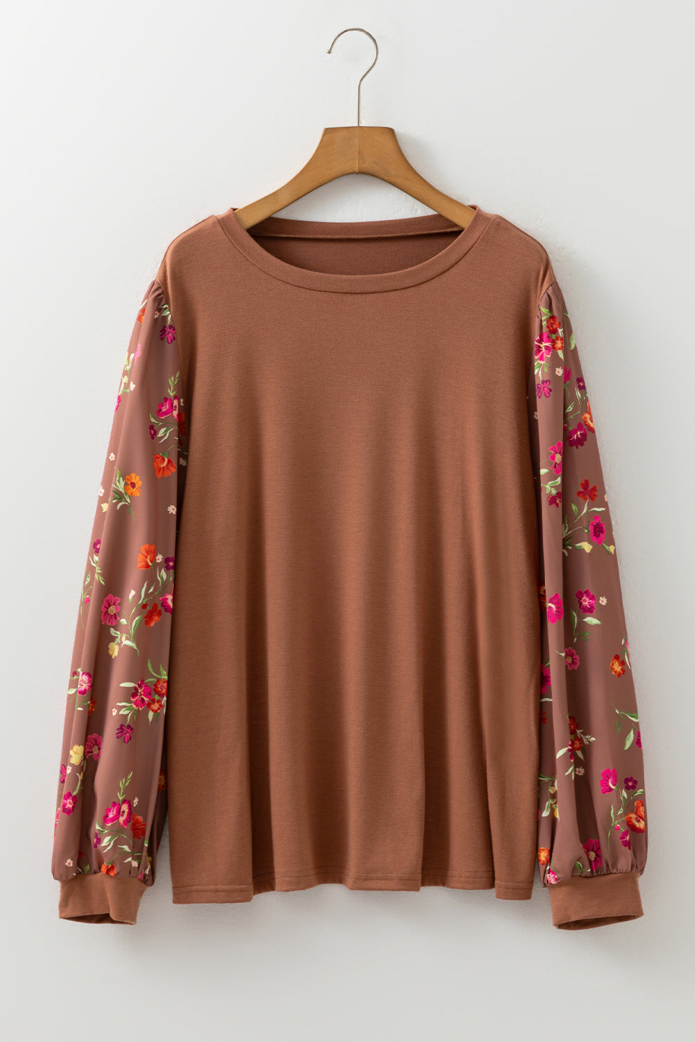 Brown Floral Sleeve Patchwork Round Neck Plus Blouse