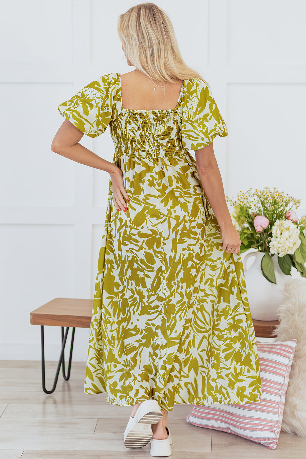 Green Scalloped Trim Square Neck High Waist Floral Maxi Dress