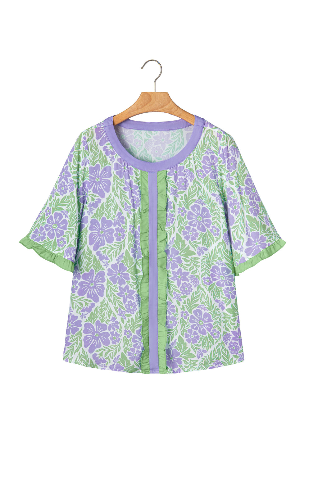 Sky Blue Floral Print Ruffled Color Block Trim Half Sleeve Blouse