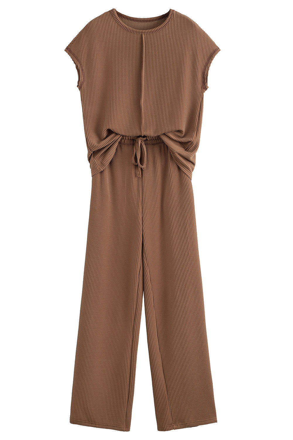 Coffee Solid Color Corded Short Sleeve Top and Casual Pants Set