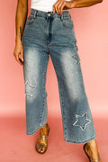 Stone Blue Star Patchwork Cropped Wide Leg High Waist Jeans