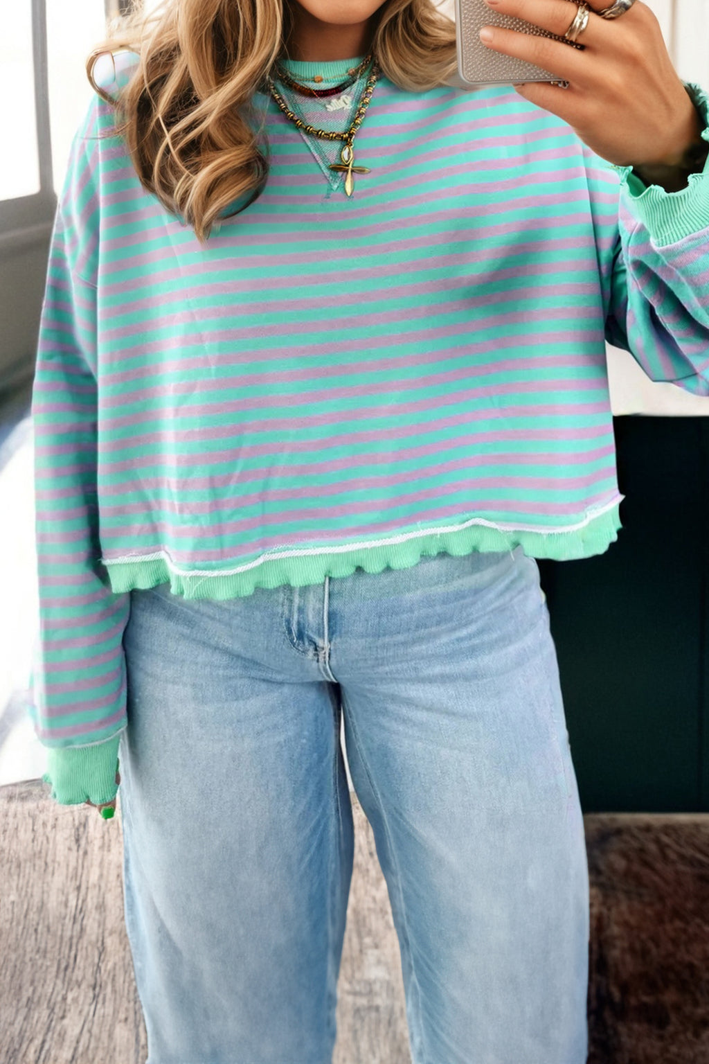Green Stripe Exposed Seam Contrast Ribbed Trim Oversize Sweatshirt