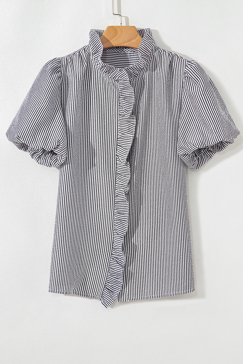 White Striped Ruffle Short Bubble Sleeve Shirt