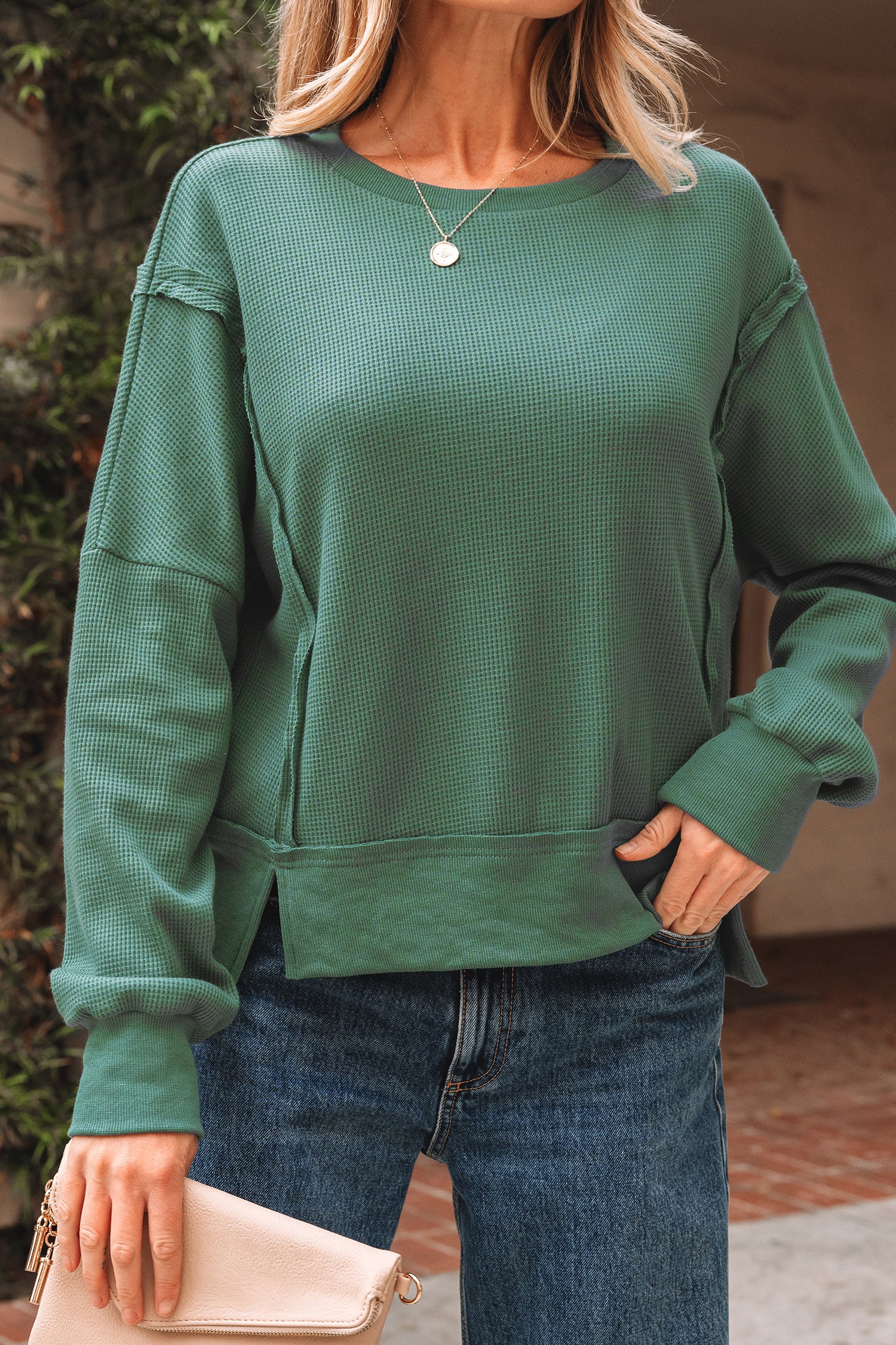 Orchid Mist Solid Color Raw Seam Patchwork Ribbed Drop Shoulder Sweatshirt