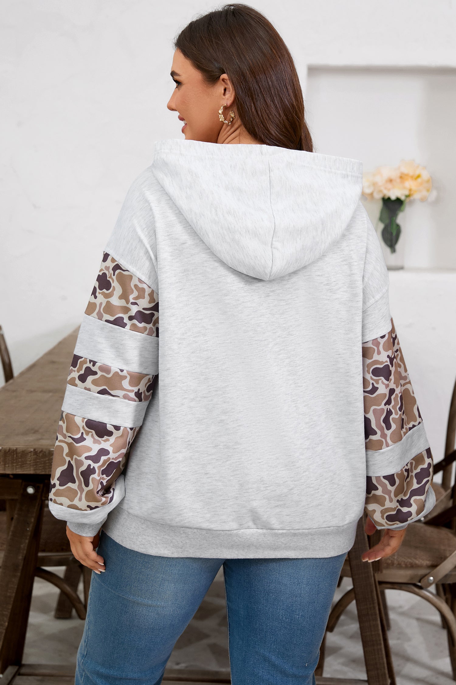 Light Grey Camouflage Patchwork Asymmetric Sleeve Plus Size Hoodie