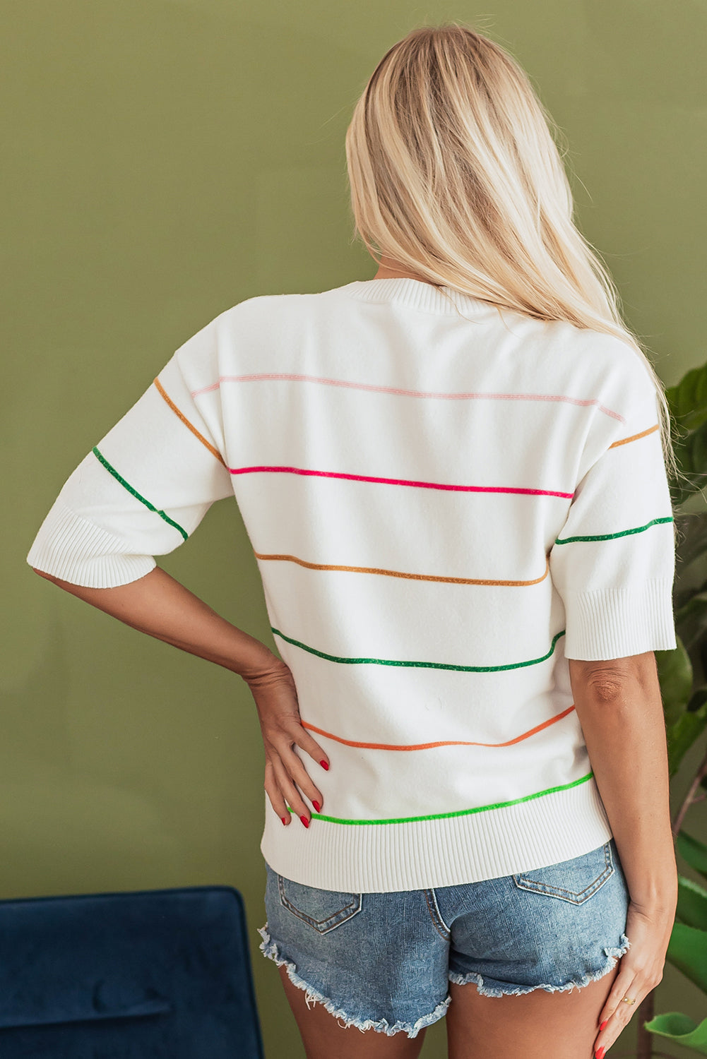 Green Colorblock Striped Half Sleeve Drop Shoulder Sweater