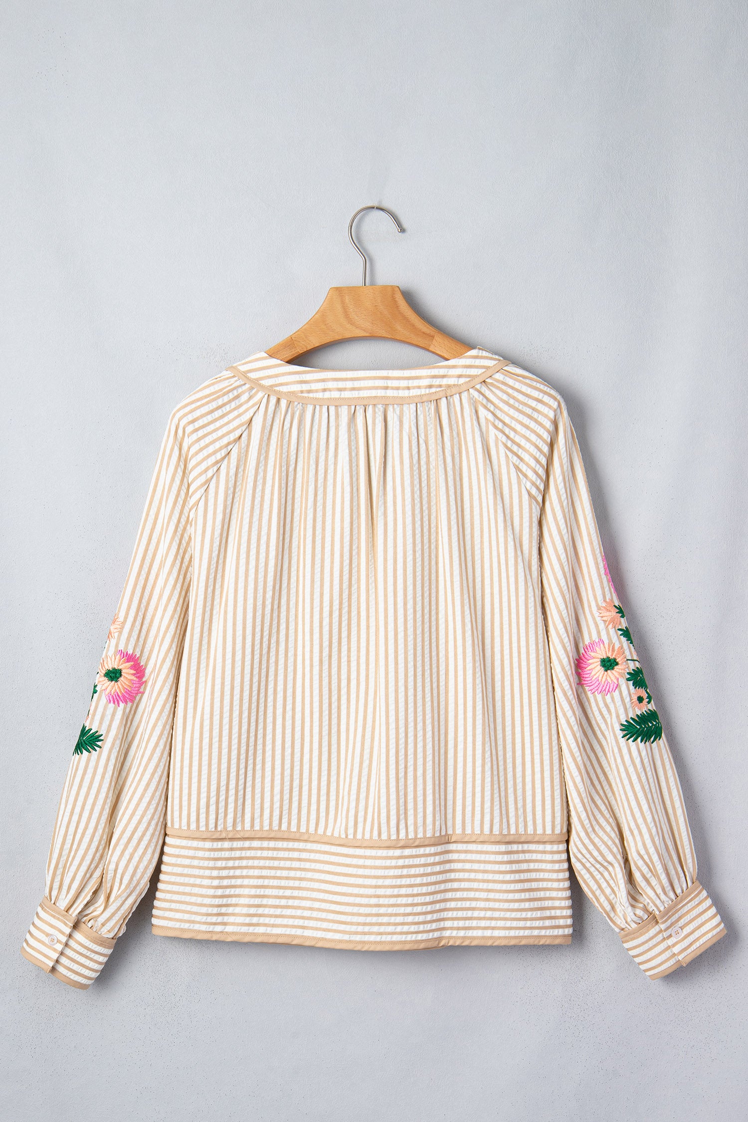 Khaki Stripe V Neck Floral Embroidered Long Sleeve Blouse