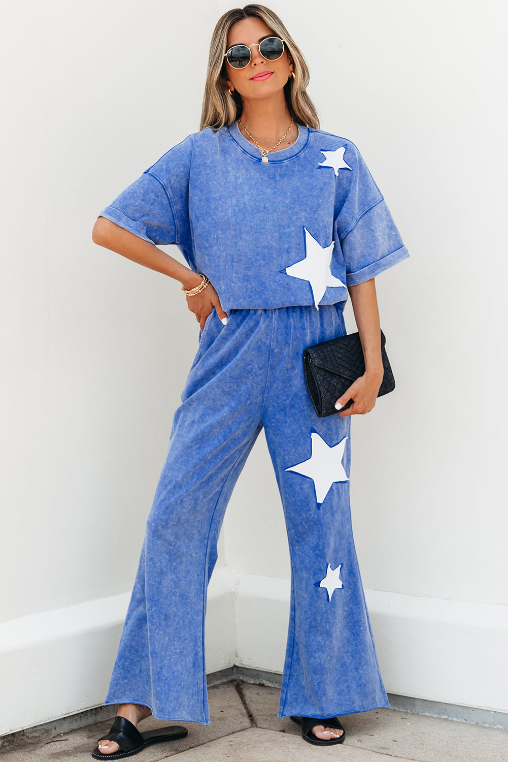 Light Pink Acid Wash Star Patched Rolled Trim Pants Set