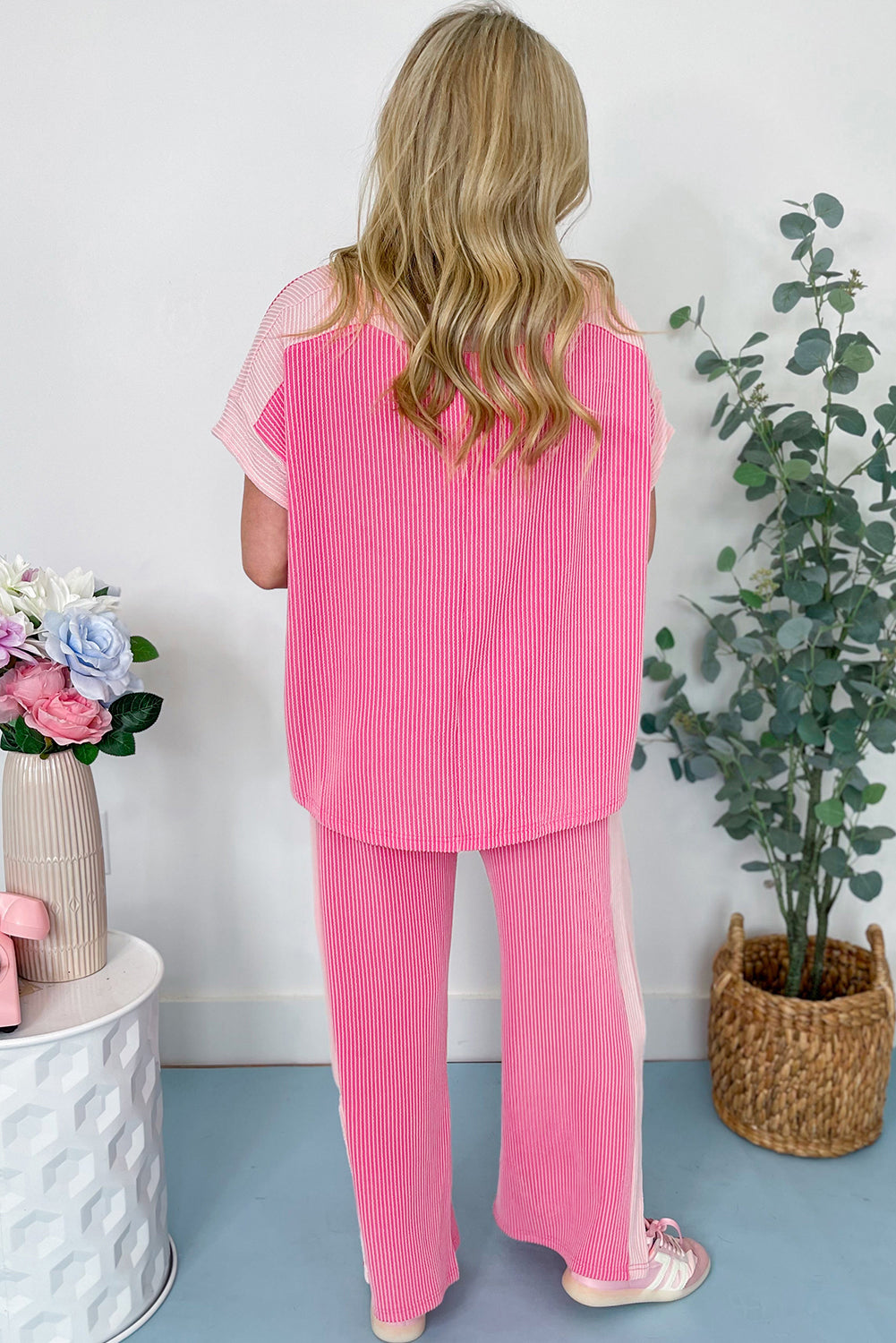 Sachet Pink 2-tone Colorblock Patchwork Corded 2pcs Outfit