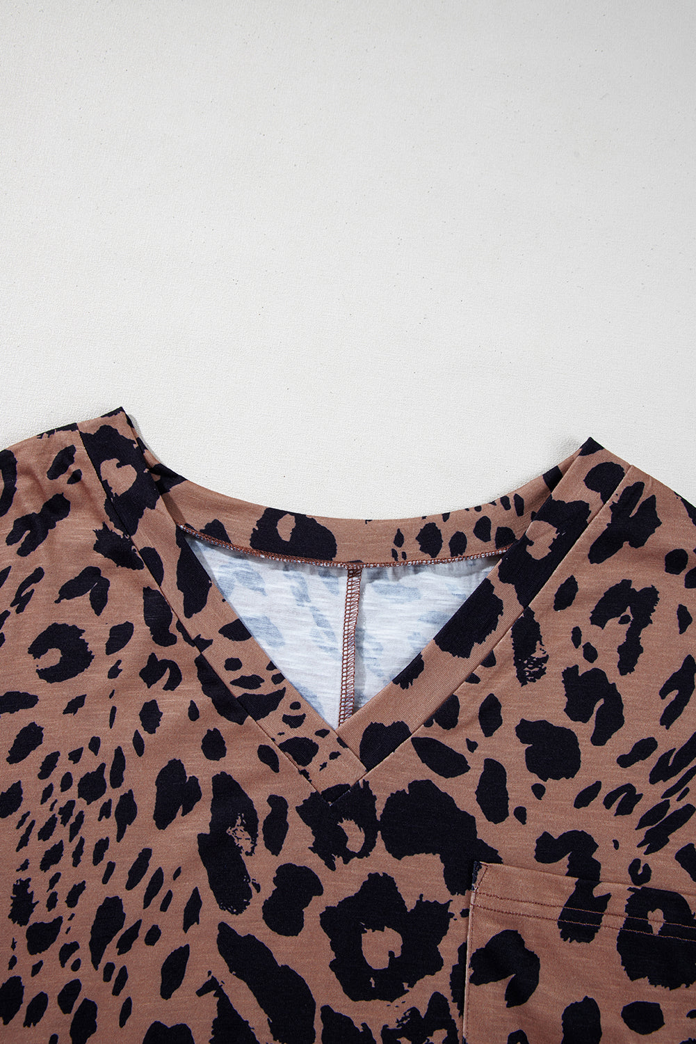 Brown Leopard Print V Neck Half Sleeve Oversized Tee