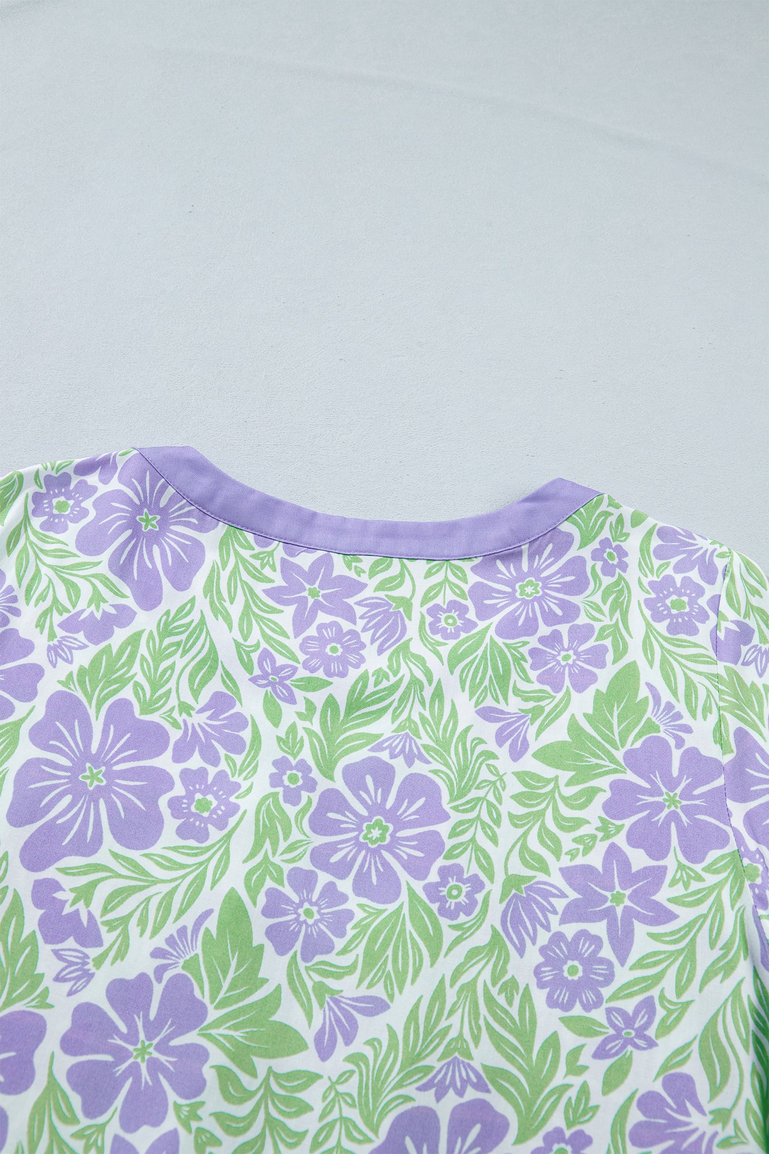 Sky Blue Floral Print Ruffled Color Block Trim Half Sleeve Blouse