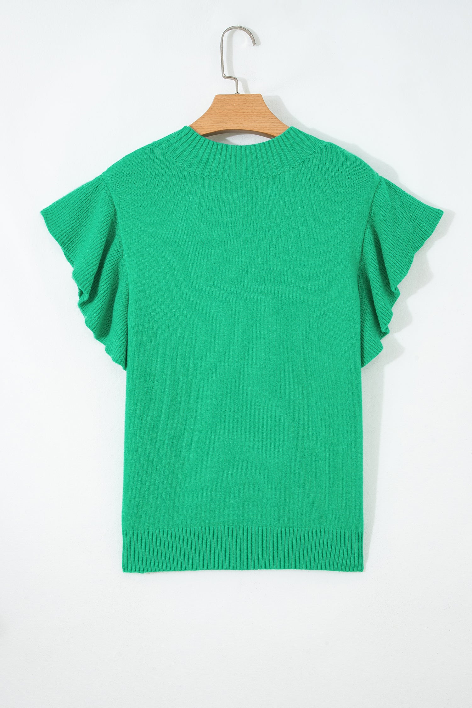 Beau Blue Solid Color Ribbed Trim Round Neck Ruffle Short Sleeve Sweater
