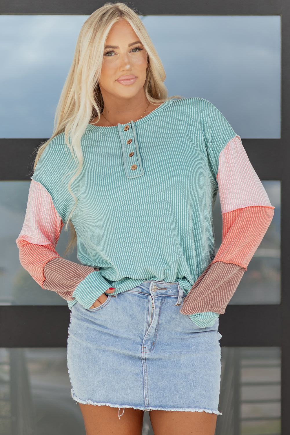 Multicolour Twisted Ribbed Knit Colorblock Henley Top