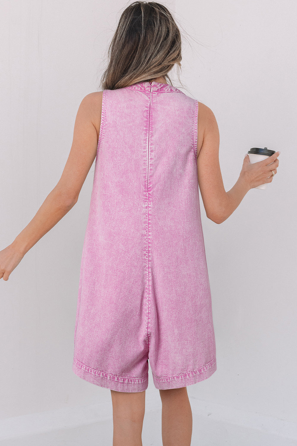 Bonbon Mineral Wash Pleated Bust V Neck Sleeveless Denim Romper