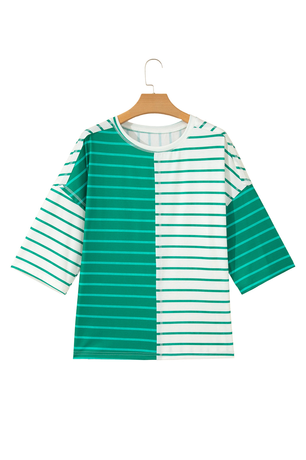 Pink Stripe Colorblock 3/4 Sleeve Loose T Shirt