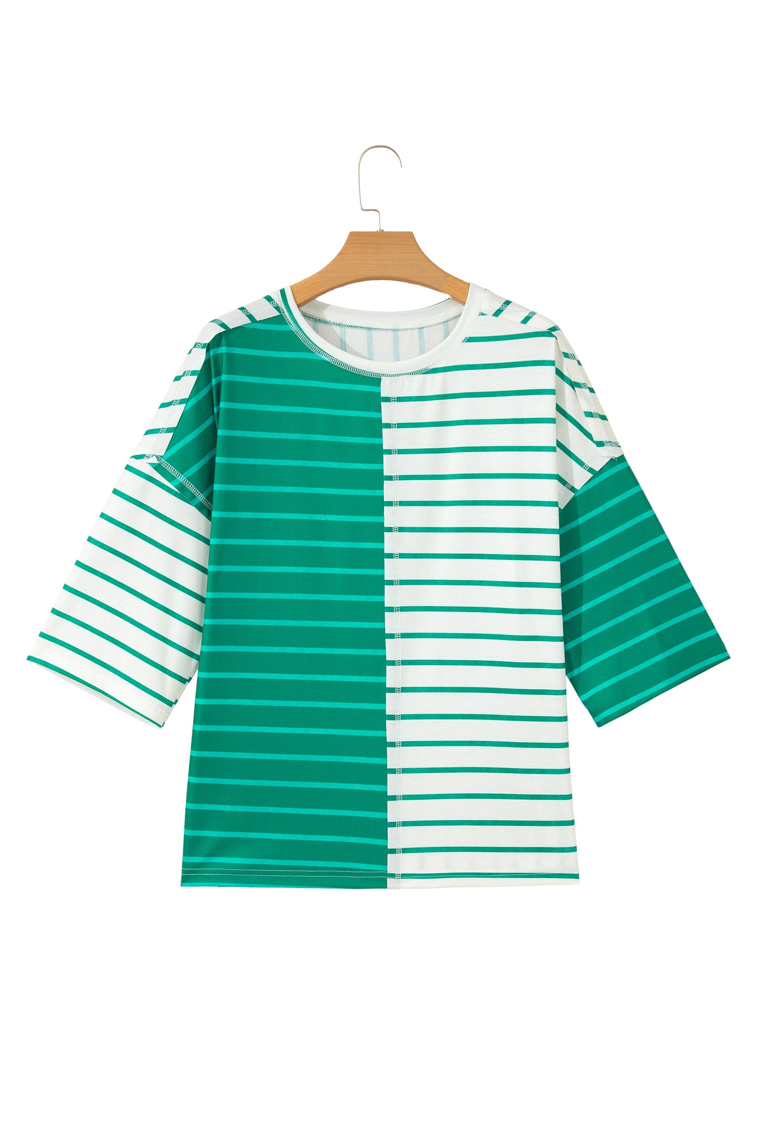 Pink Stripe Colorblock 3/4 Sleeve Loose T Shirt