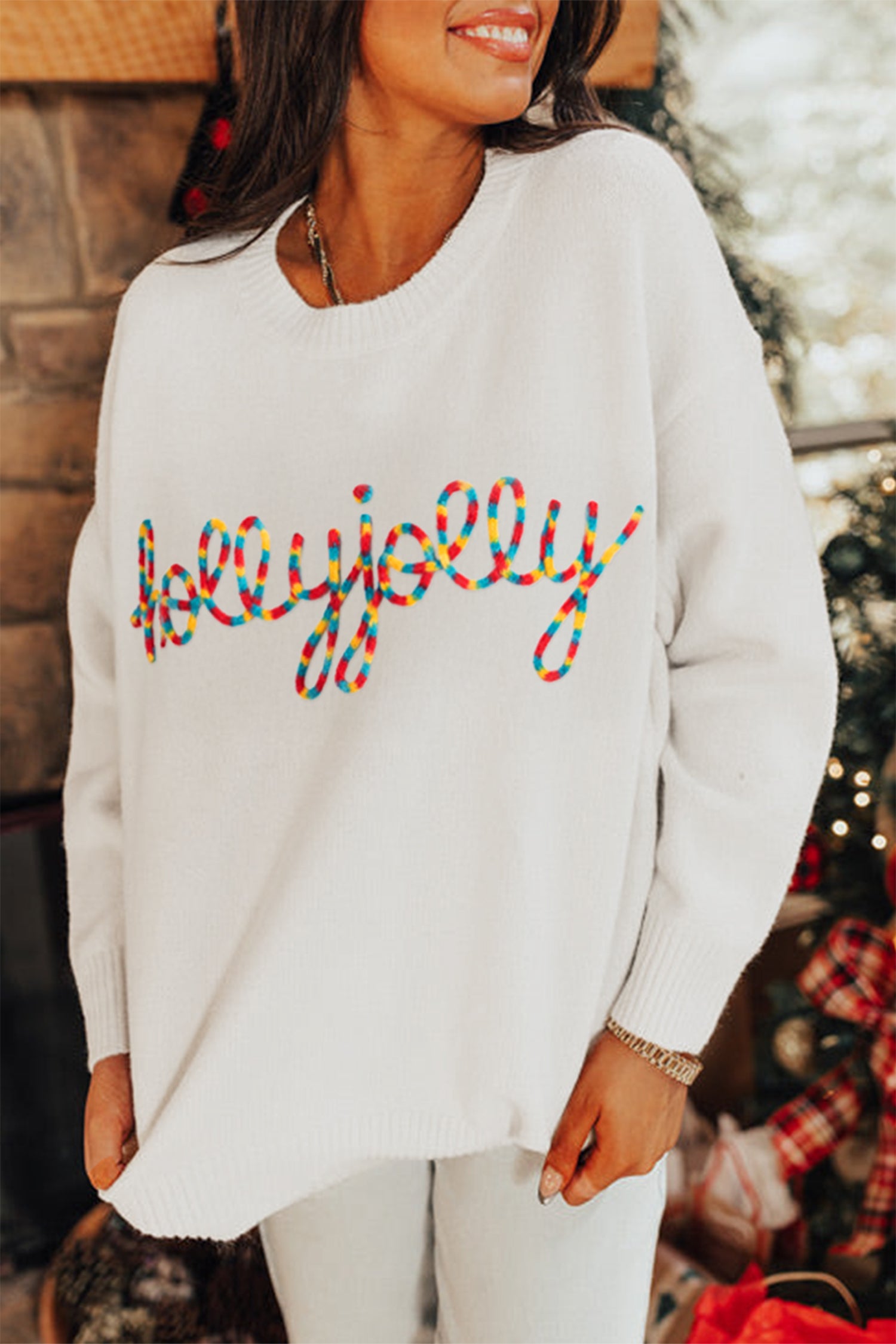Beige Colorful Holly Jolly Christmas Knit Loose Sweater
