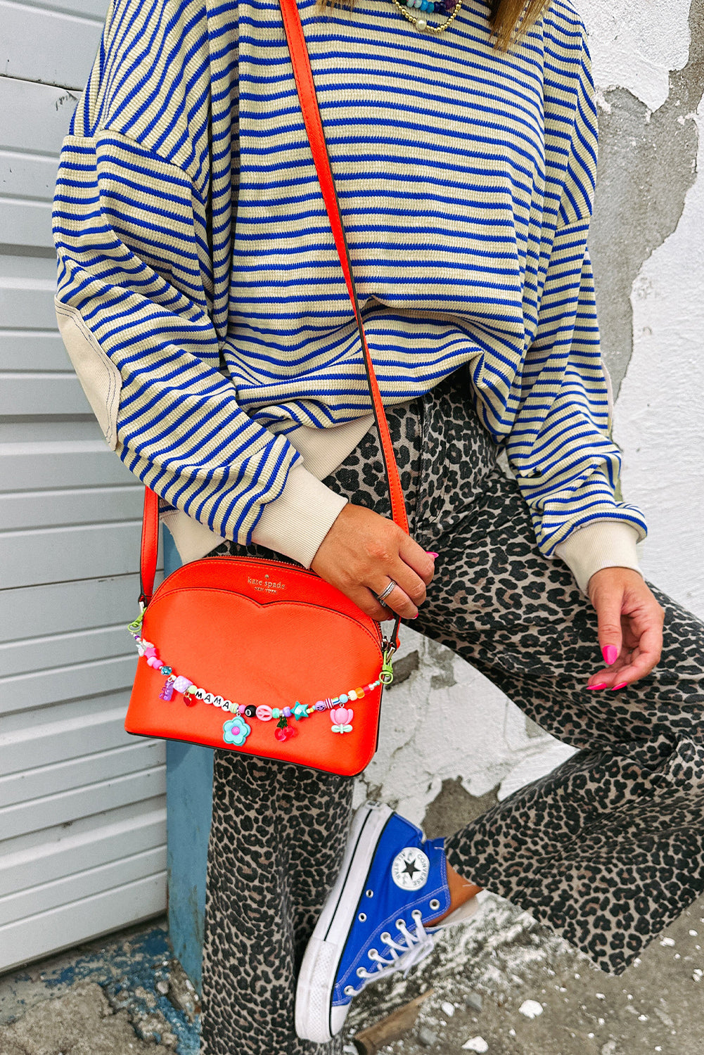 Blue Stripe Textured Elbow Patched Crew Neck Drop Shoulder Sweatshirt