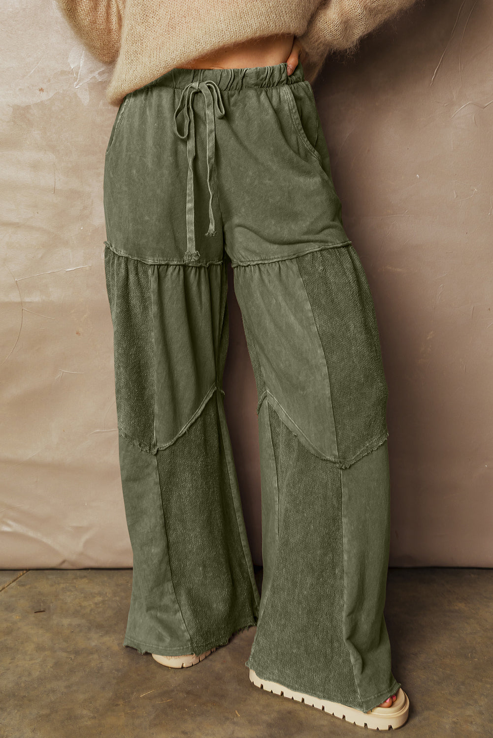 Straw Yellow Mineral Wash Tiered Wide Leg Patchwork Drawstring Pants
