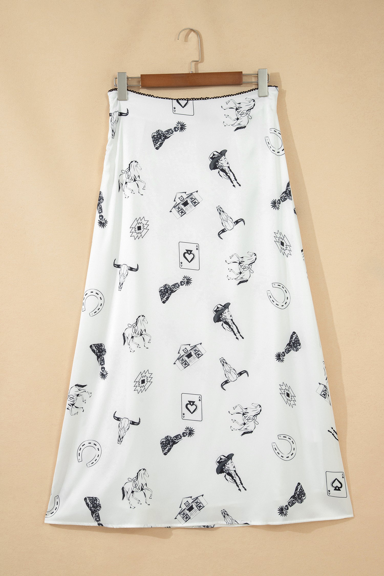 Navy Blue Western Print Satin Long Skirt