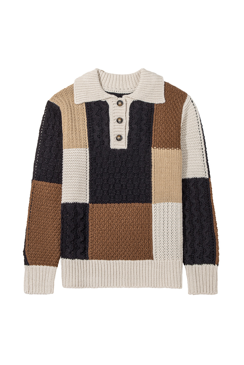 Multicolour Color Block Cable Knit Sleeve Buttons Collared Sweater
