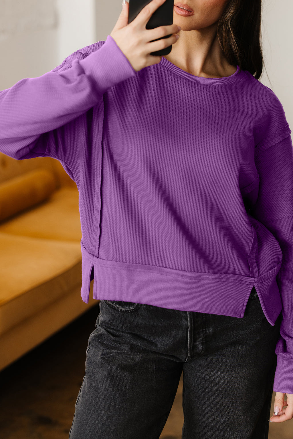 Orchid Mist Solid Color Raw Seam Patchwork Ribbed Drop Shoulder Sweatshirt