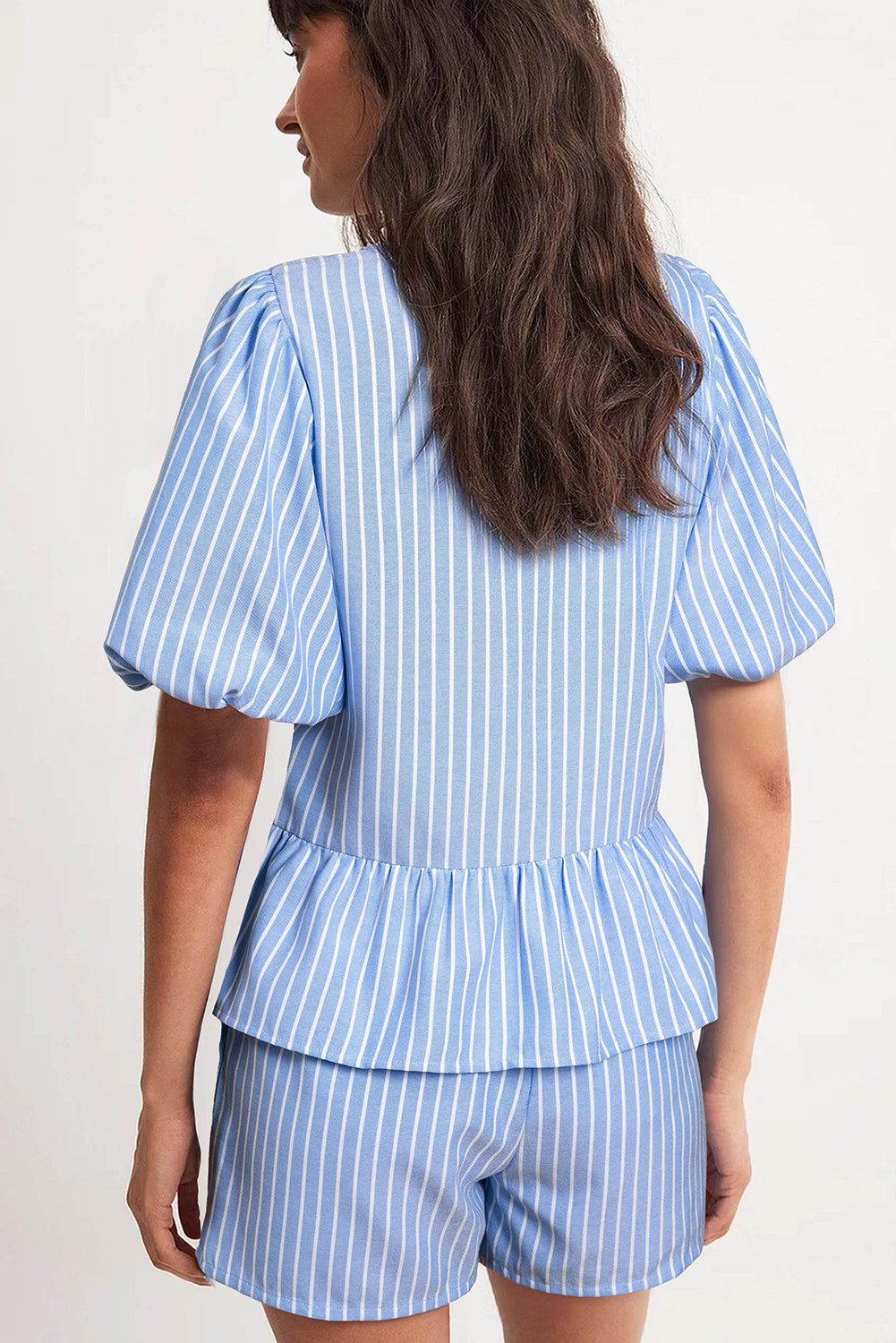 Sky Blue Striped Bowknot Detail Puffy Sleeve Top and Shorts 2Pcs Set