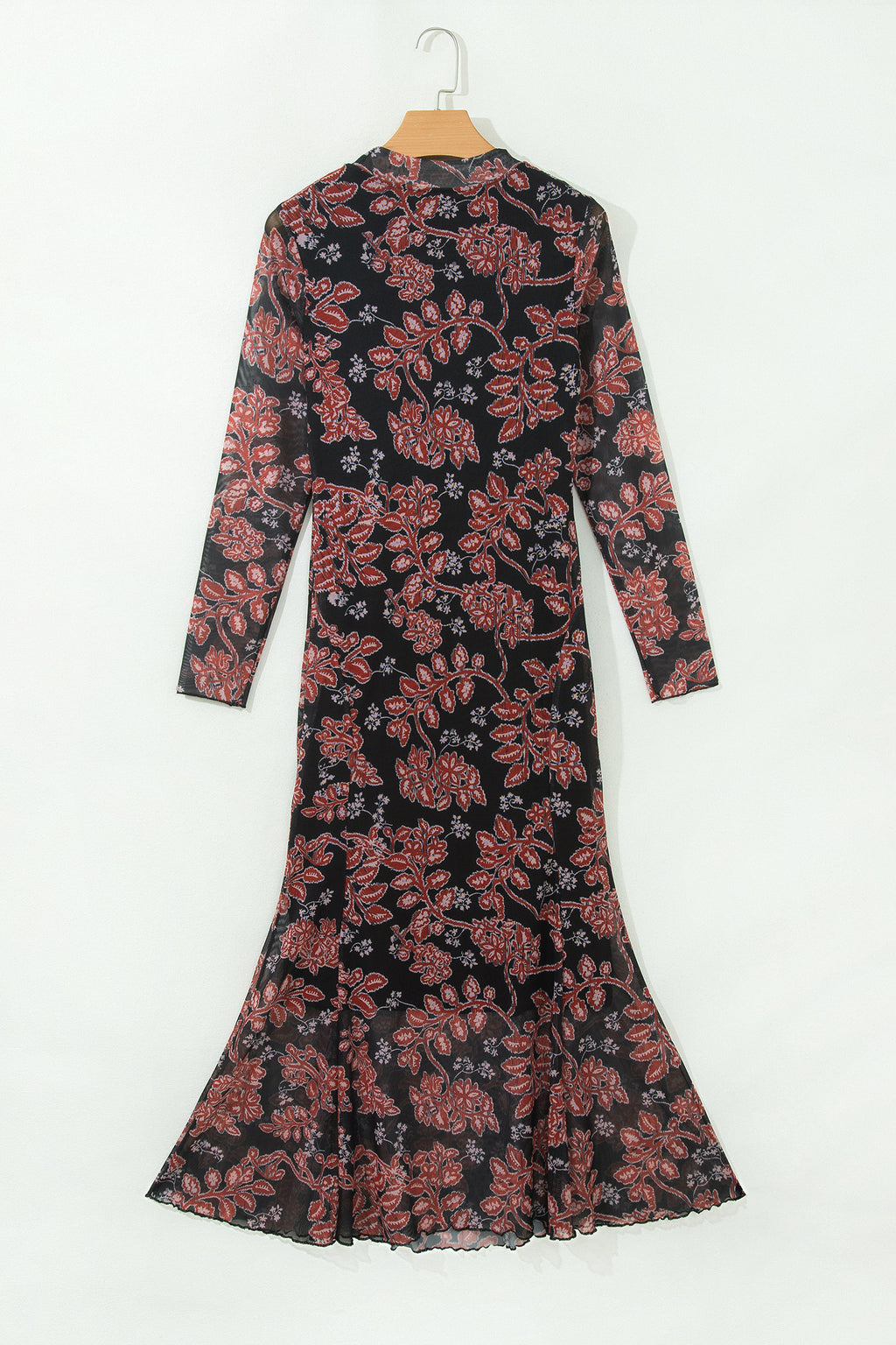 Black Retro Floral Print Long Sleeve Casual Mesh Dress