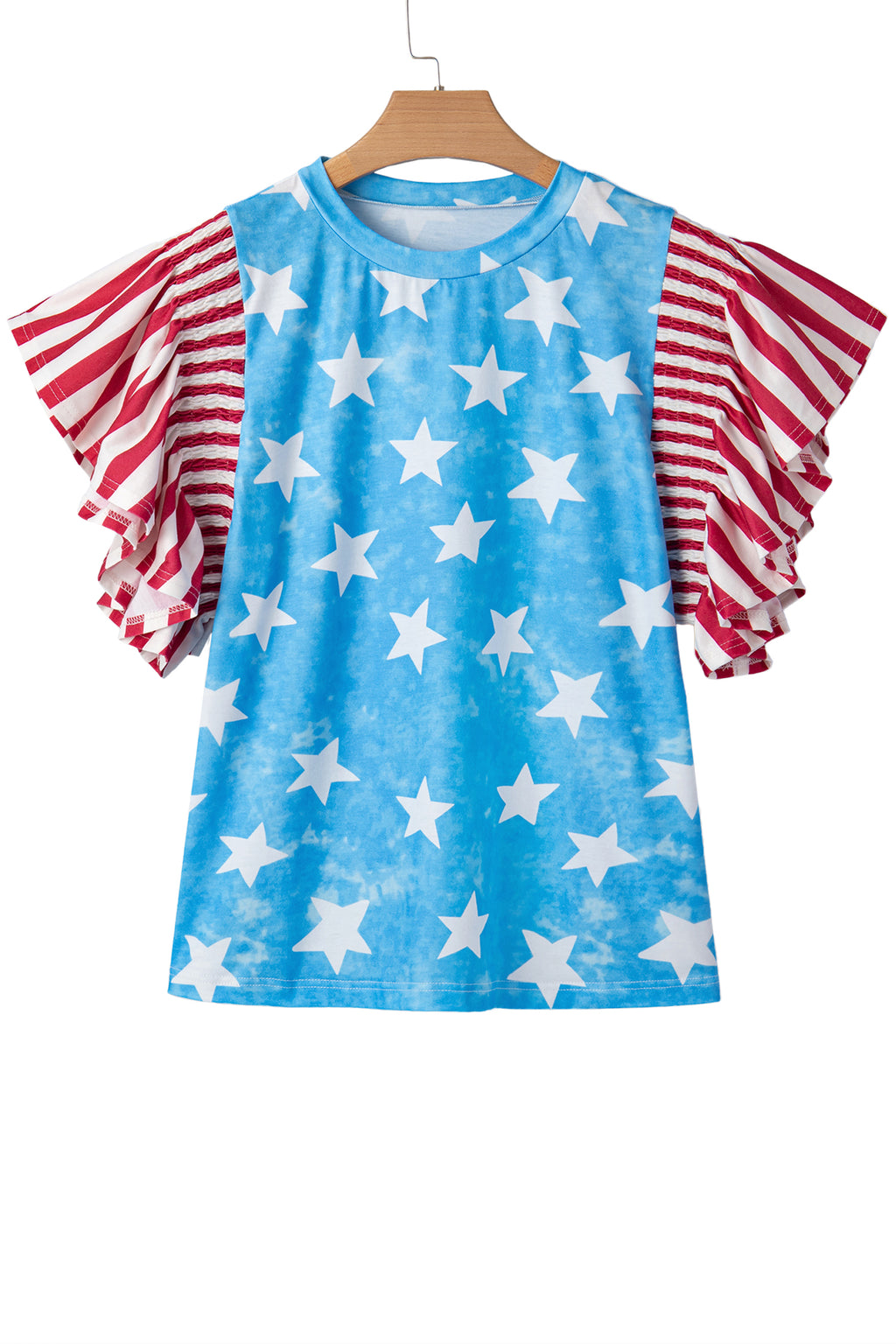 Sky Blue Vintage Star Print Striped Ruffle Sleeve Independence Day Top