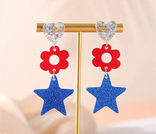 stars, hearts and flowers red, white and blue earrings