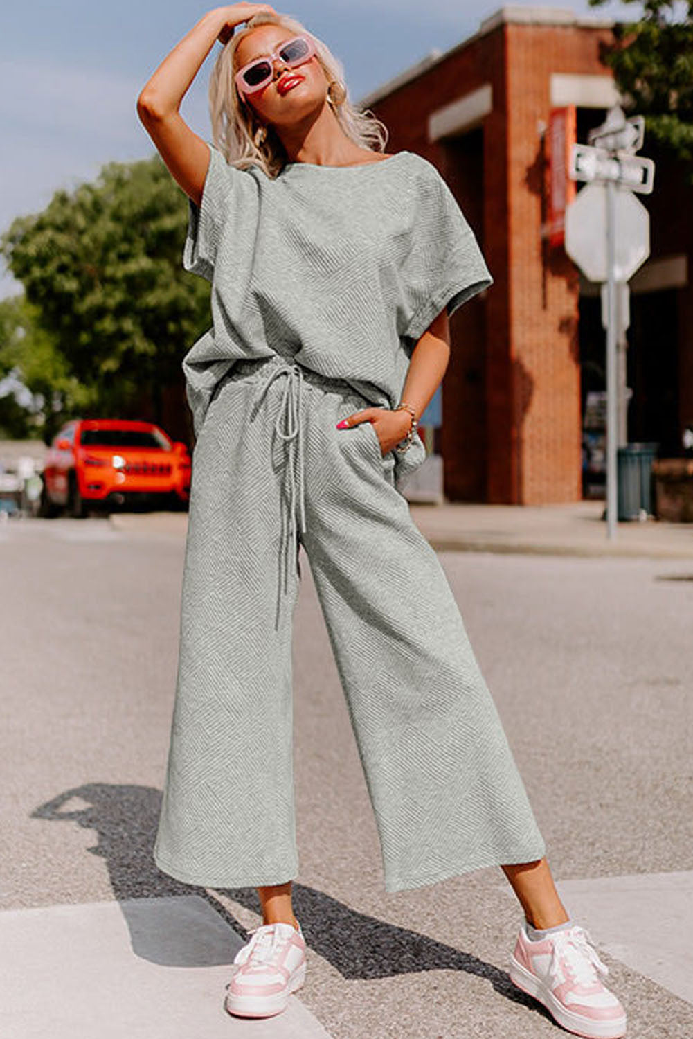 Strawberry Pink Textured Loose Fit T Shirt and Drawstring Pants Set