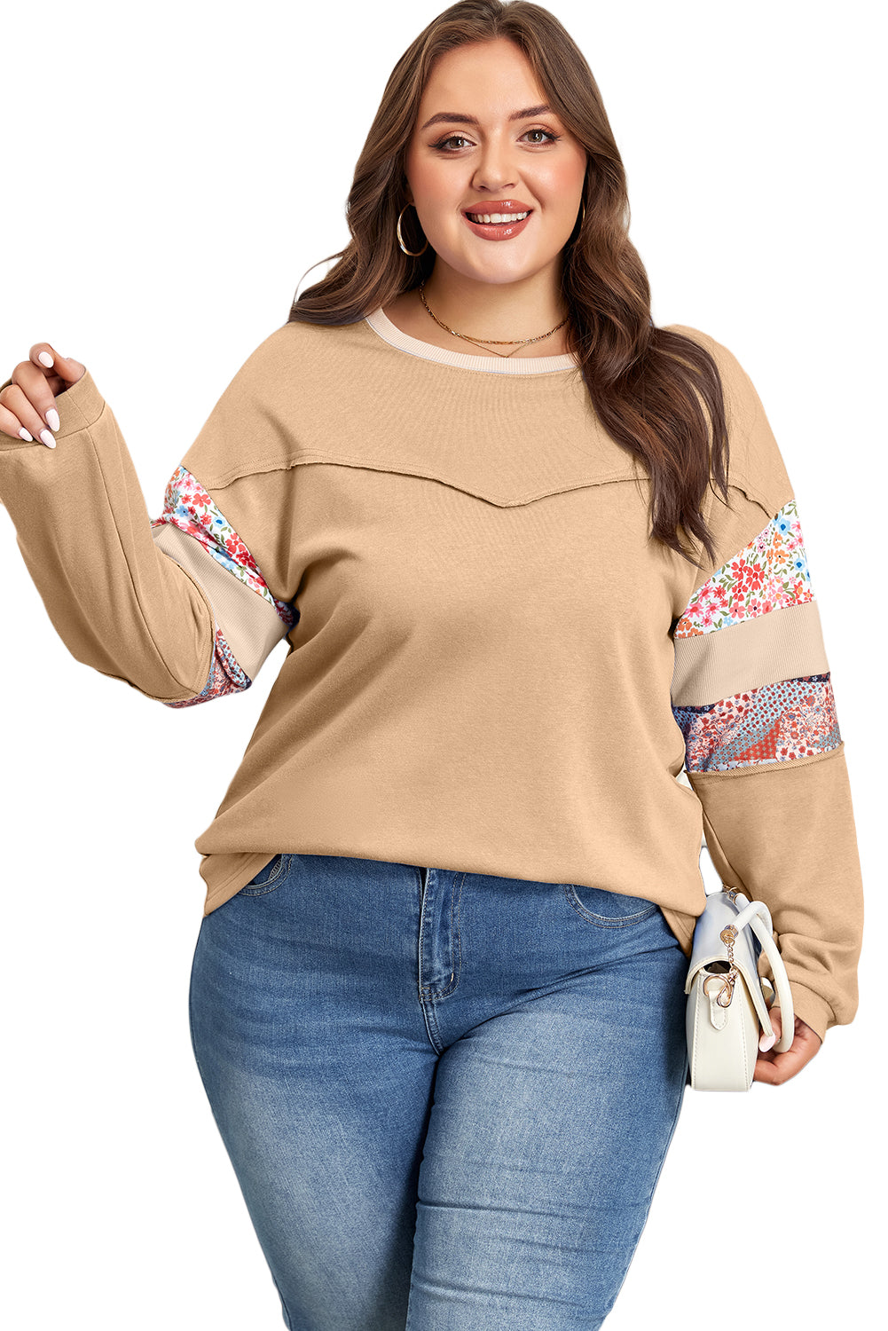 Blue Exposed Seam Floral Mixed Patchwork Relaxed Plus Size Top
