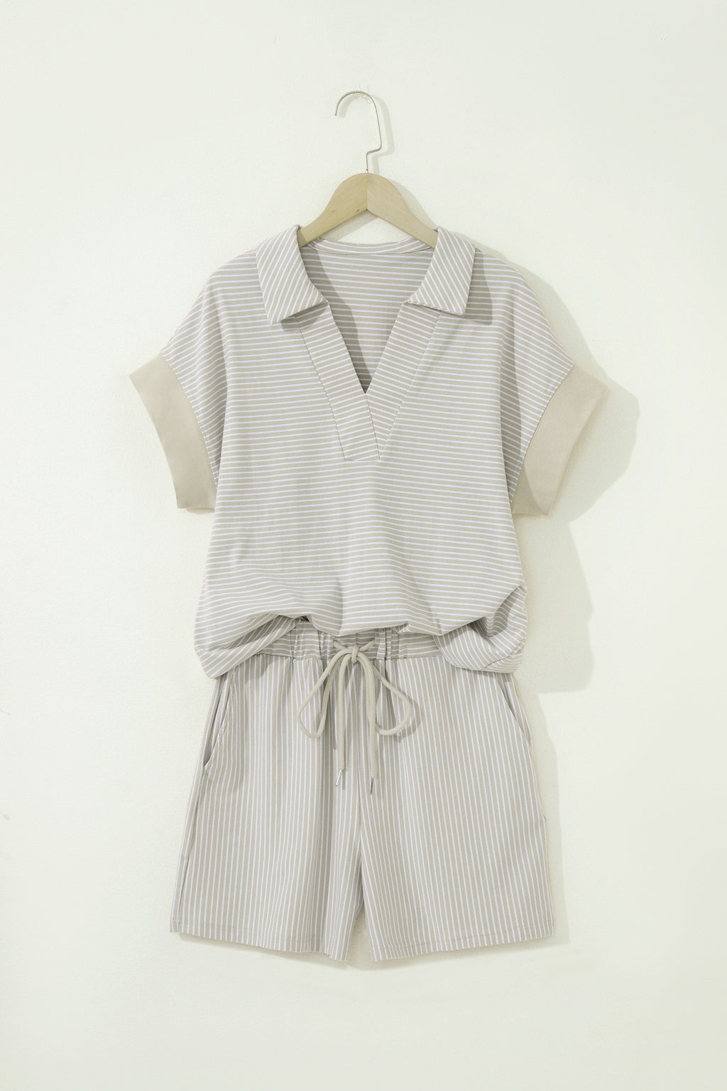 Pink Stripe Dolman Sleeve Polo Shirt and Drawstring Shorts Set