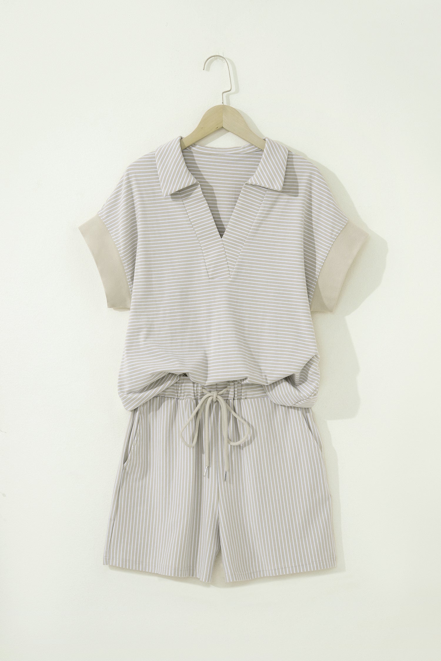 Pink Stripe Dolman Sleeve Polo Shirt and Drawstring Shorts Set