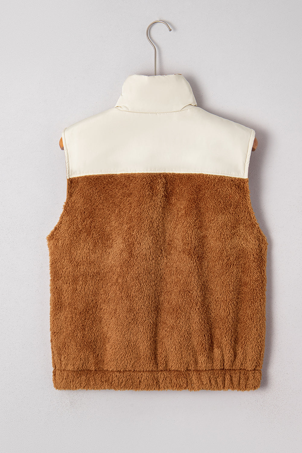 Chestnut Color Block Plush Patchwork Zipper Stand Neck Vest