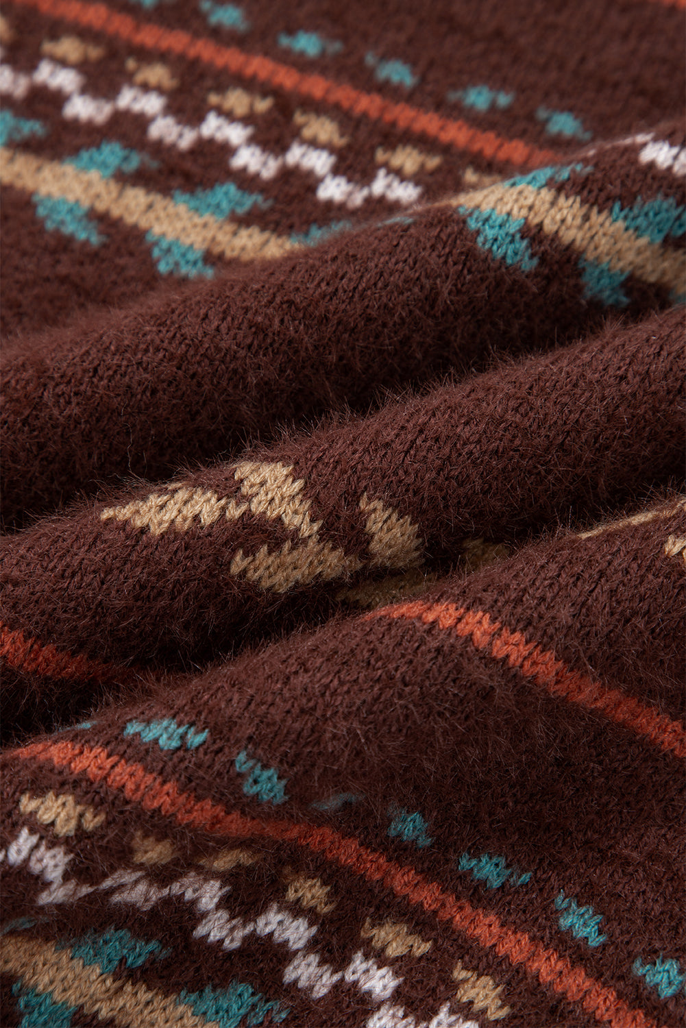 Brown Ethnic Pattern Mohair Knitted Drop Shoulder Sweater