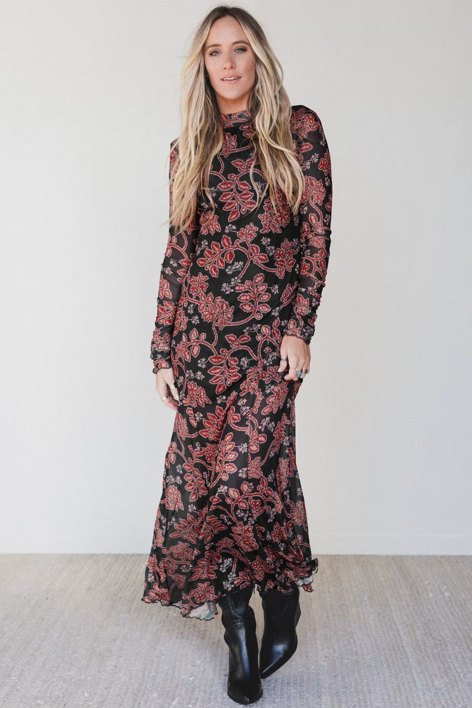 Black Retro Floral Print Long Sleeve Casual Mesh Dress