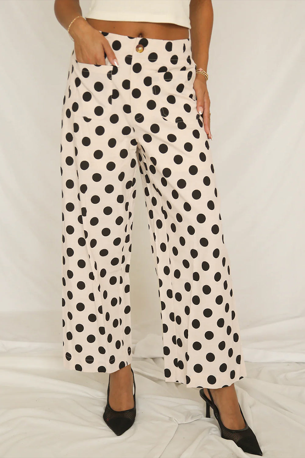 White Polka Dot Print Patched Pocket Loose Pants