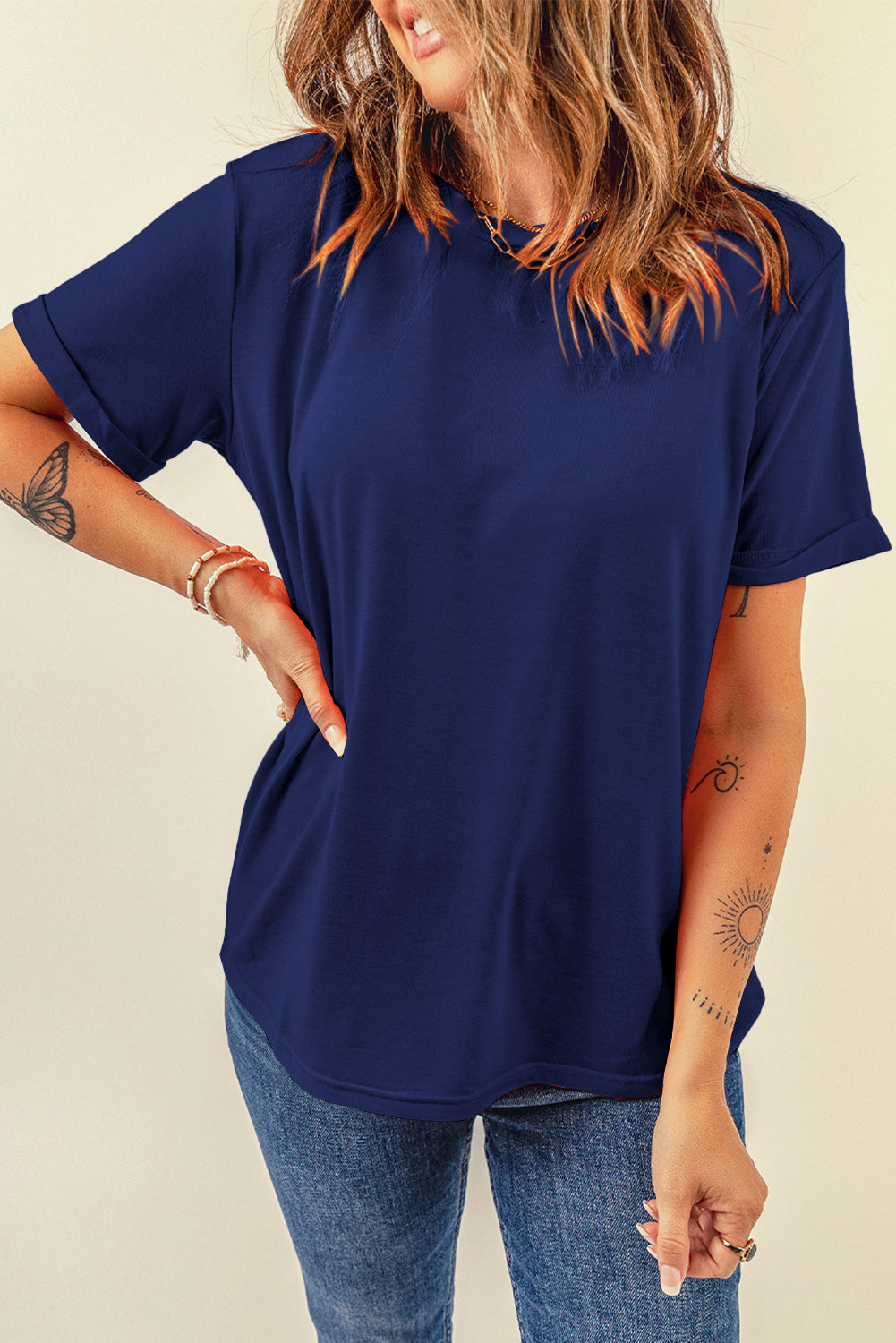 Orange Casual Plain Crew Neck Tee