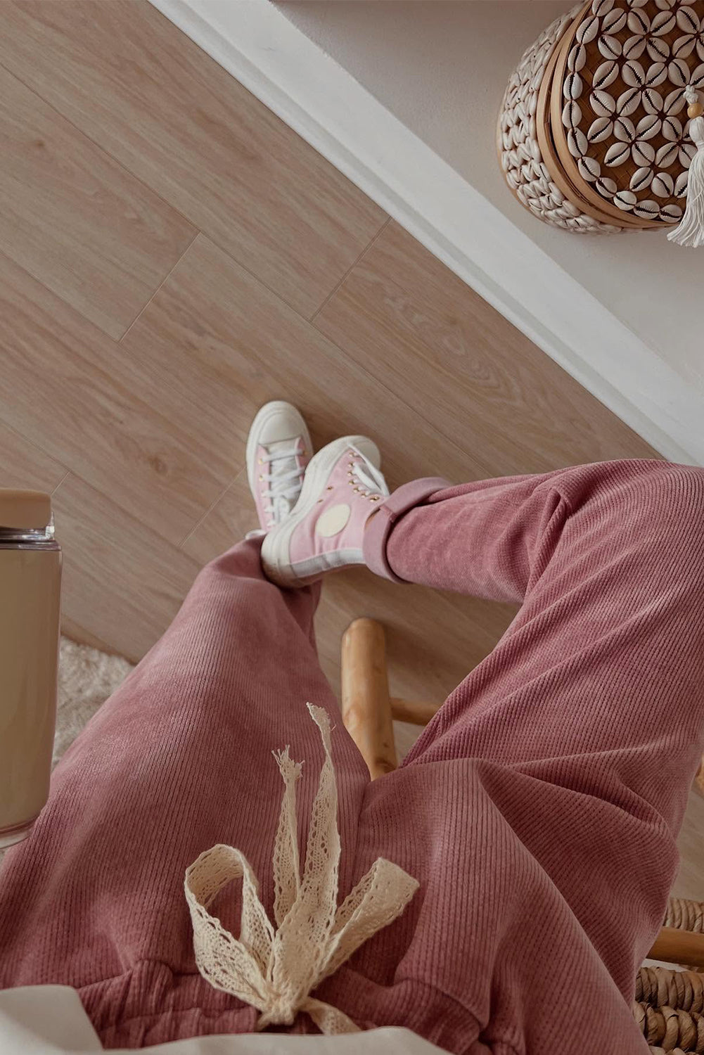 Casual Lace Drawstring Pullover Hoodie and High Waist Pants Corduroy Suit