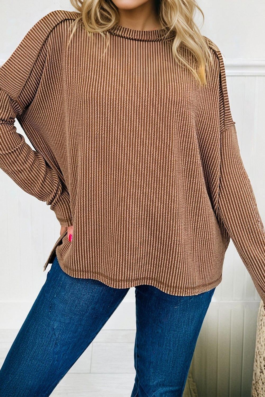Dark Khaki Twist Ribbed Exposed Seam Detail Long Sleeve Loose Top