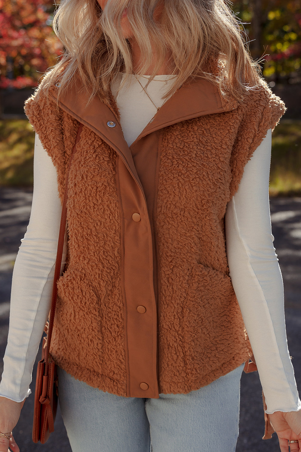 Cinnamon Faux Fur Snap Button Front Knot Side Plush Vest with Pockets